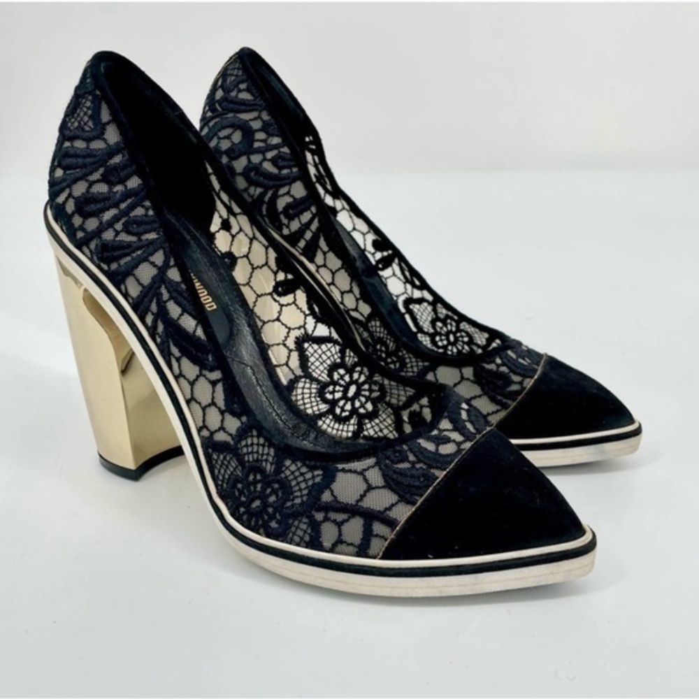 Nicholas Kirkwood Lace Pointed Toe Block Heel Pump With Gold Heel Shoe Size 38